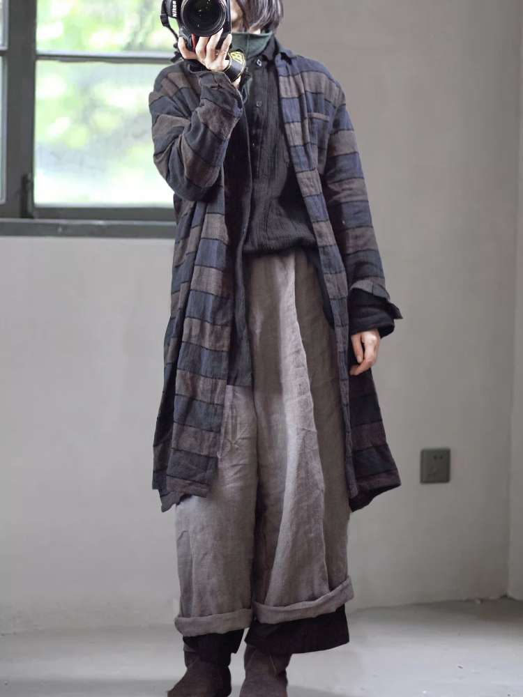 柄シャツ レトロ風チェック柄ロングシャツ