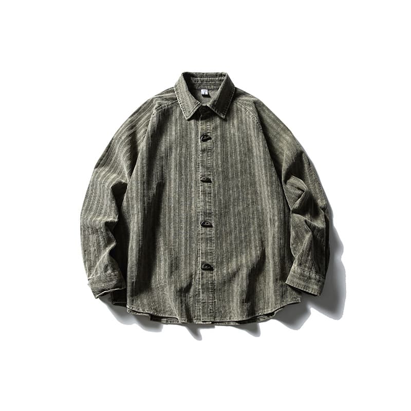 柄シャツ ストライプ織りデニムシャツ