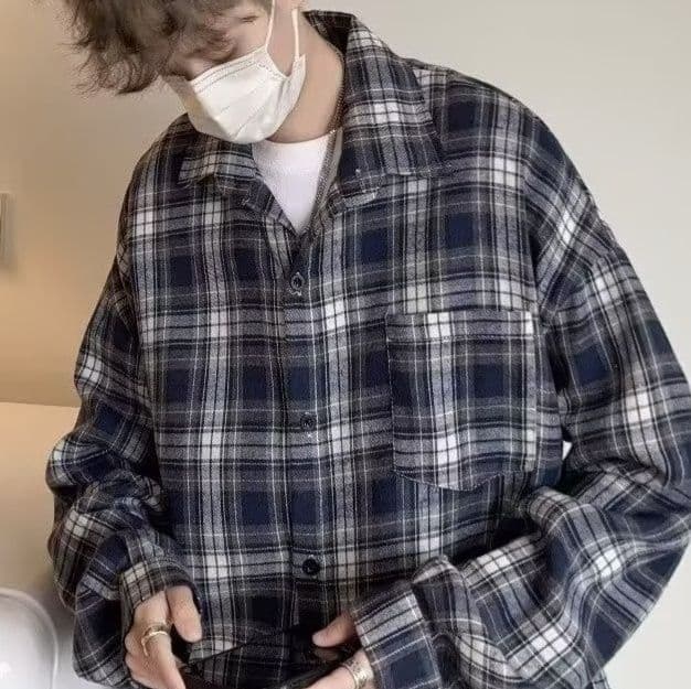 柄シャツ 格子柄ゆったりカジュアル長袖シャツ