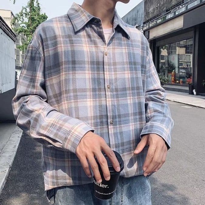 柄シャツ 格子柄ゆったり長袖シャツ