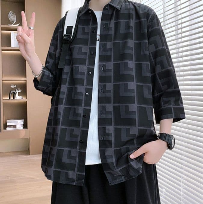 柄シャツ 幾何学模様ゆったり半袖シャツ