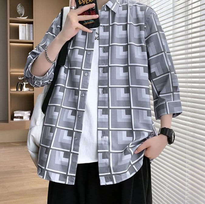 柄シャツ 幾何学模様ゆったり半袖シャツ