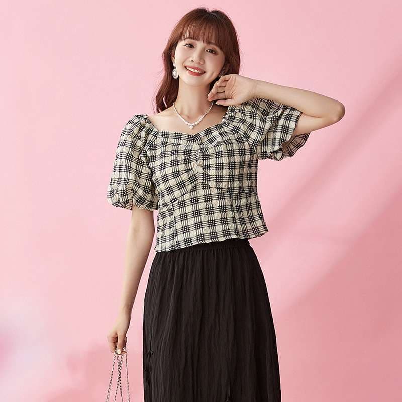 柄シャツ パフスリーブチェック柄ブラウス