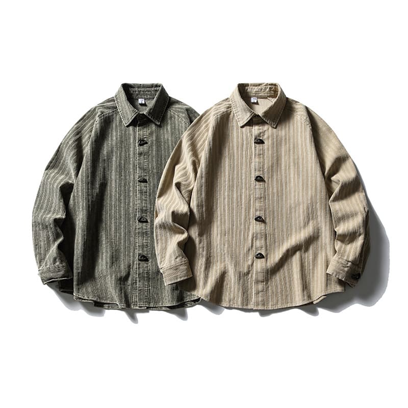 柄シャツ ストライプ織りデニムシャツ