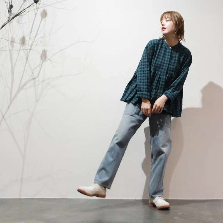 柄シャツ ふんわりシルエットチェックブラウス