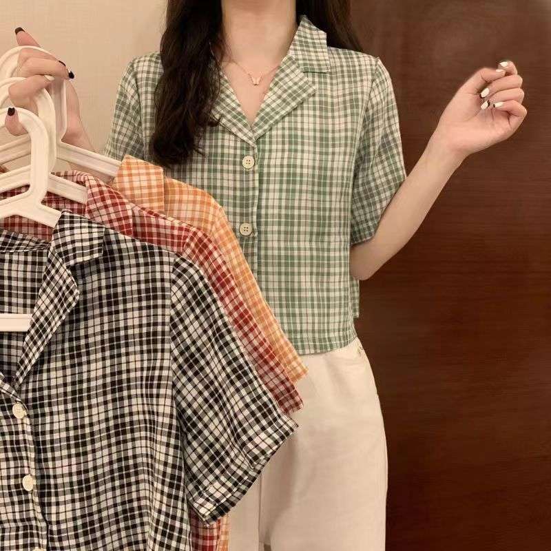 柄シャツ チェック柄ショートカラーシャツ