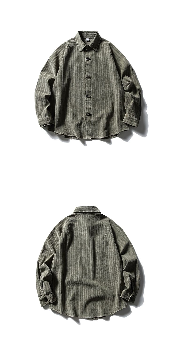 柄シャツ ストライプ織りデニムシャツ