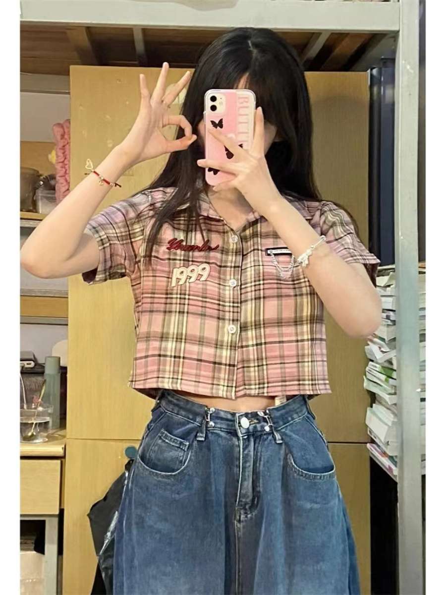 柄シャツ レトロチェック柄カジュアルシャツ
