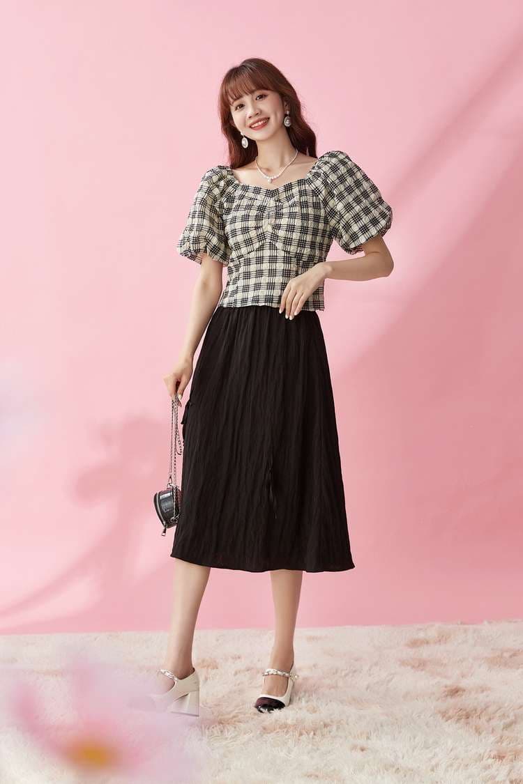 柄シャツ パフスリーブチェック柄ブラウス