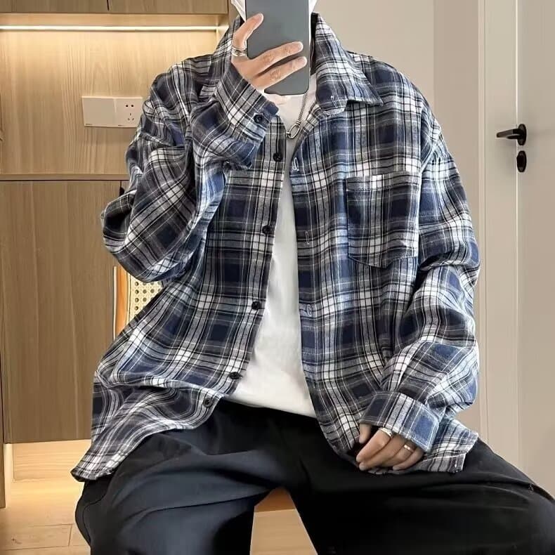 柄シャツ 格子柄ゆったりカジュアル長袖シャツ