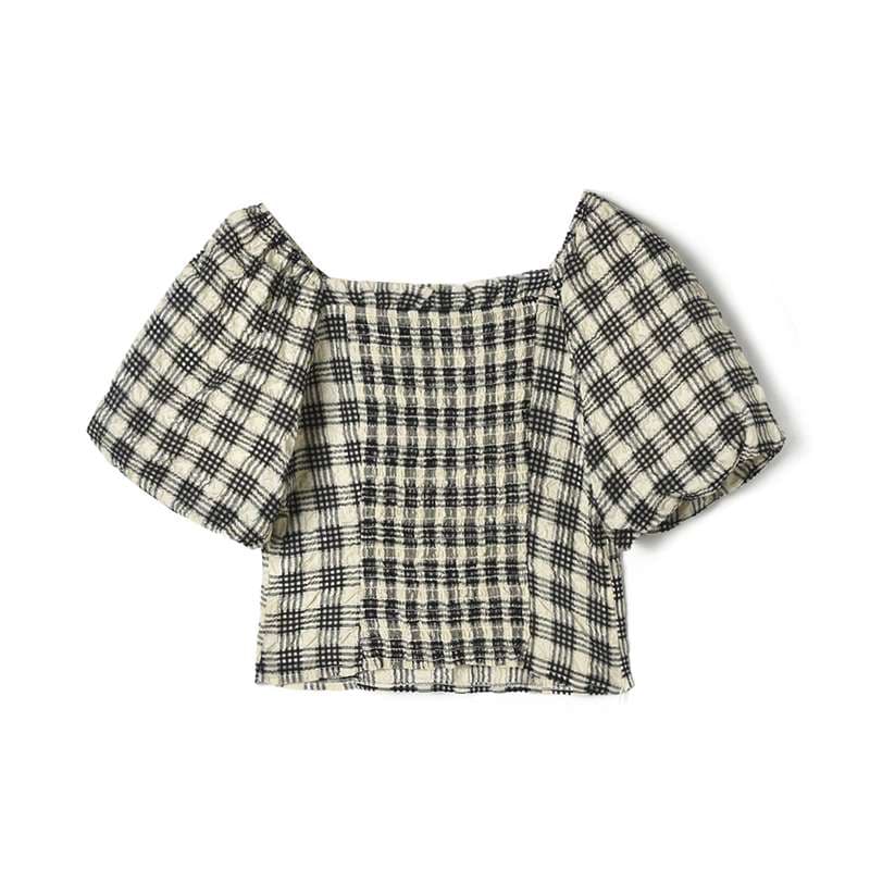 柄シャツ パフスリーブチェック柄ブラウス