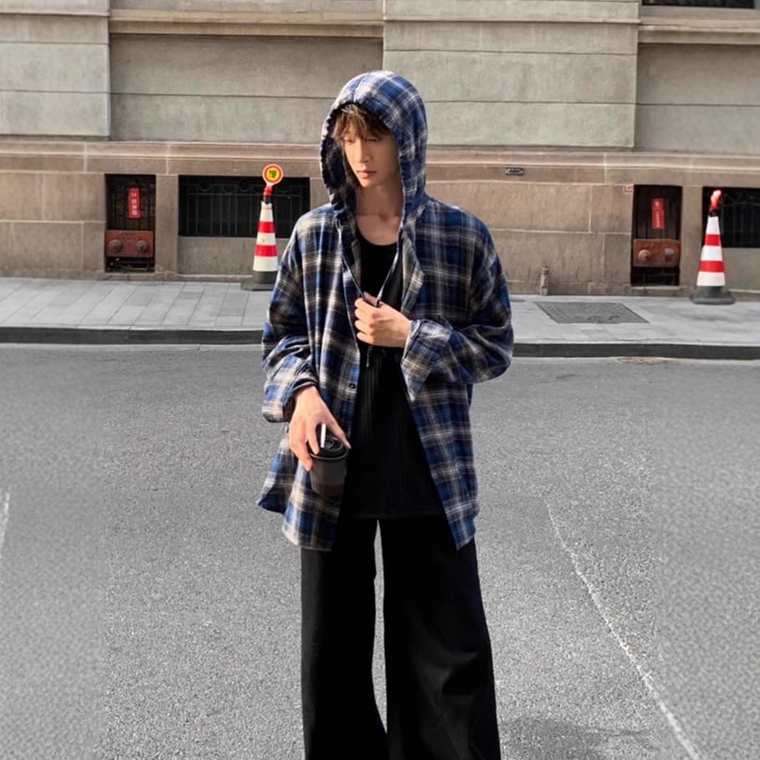 柄シャツ フード付きゆったり柄シャツ