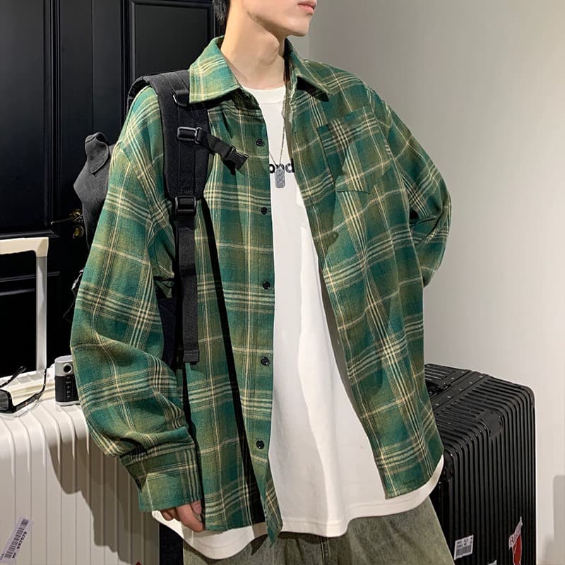 柄シャツ 格子柄ゆったりシルエット長袖シャツ