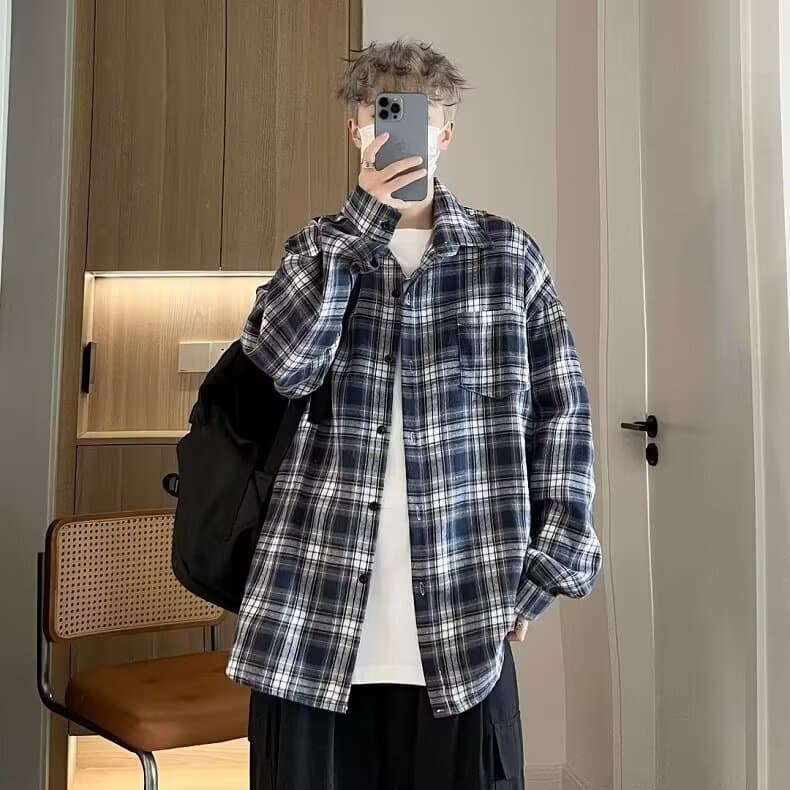 柄シャツ 格子柄ゆったりカジュアル長袖シャツ