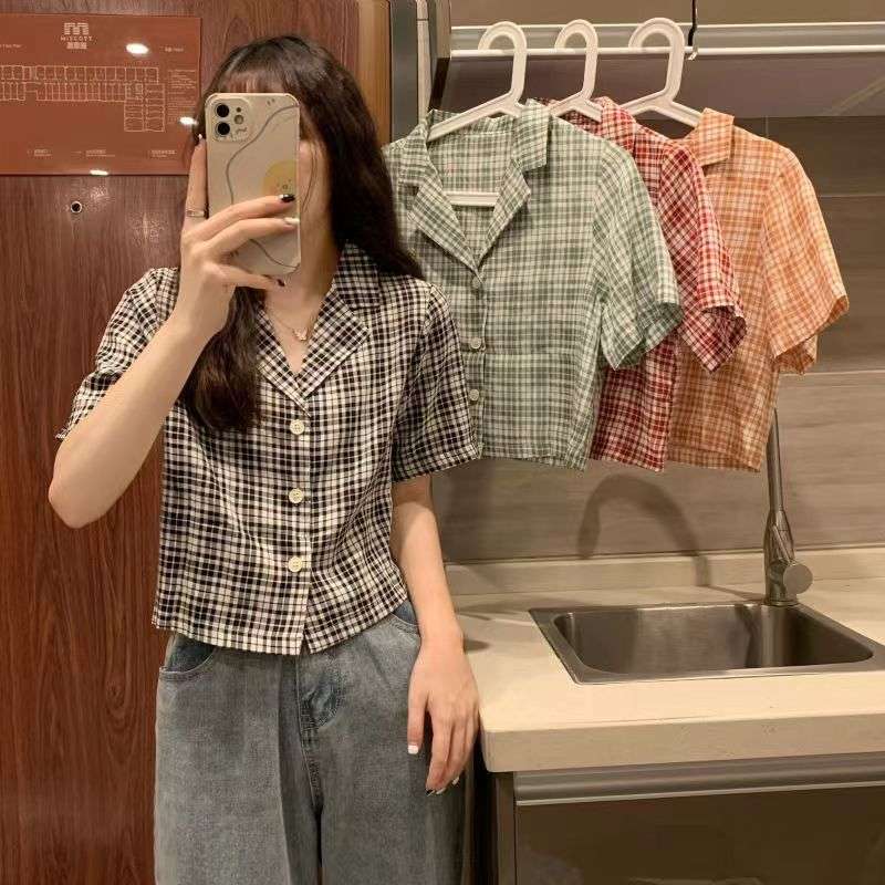 柄シャツ チェック柄ショートカラーシャツ
