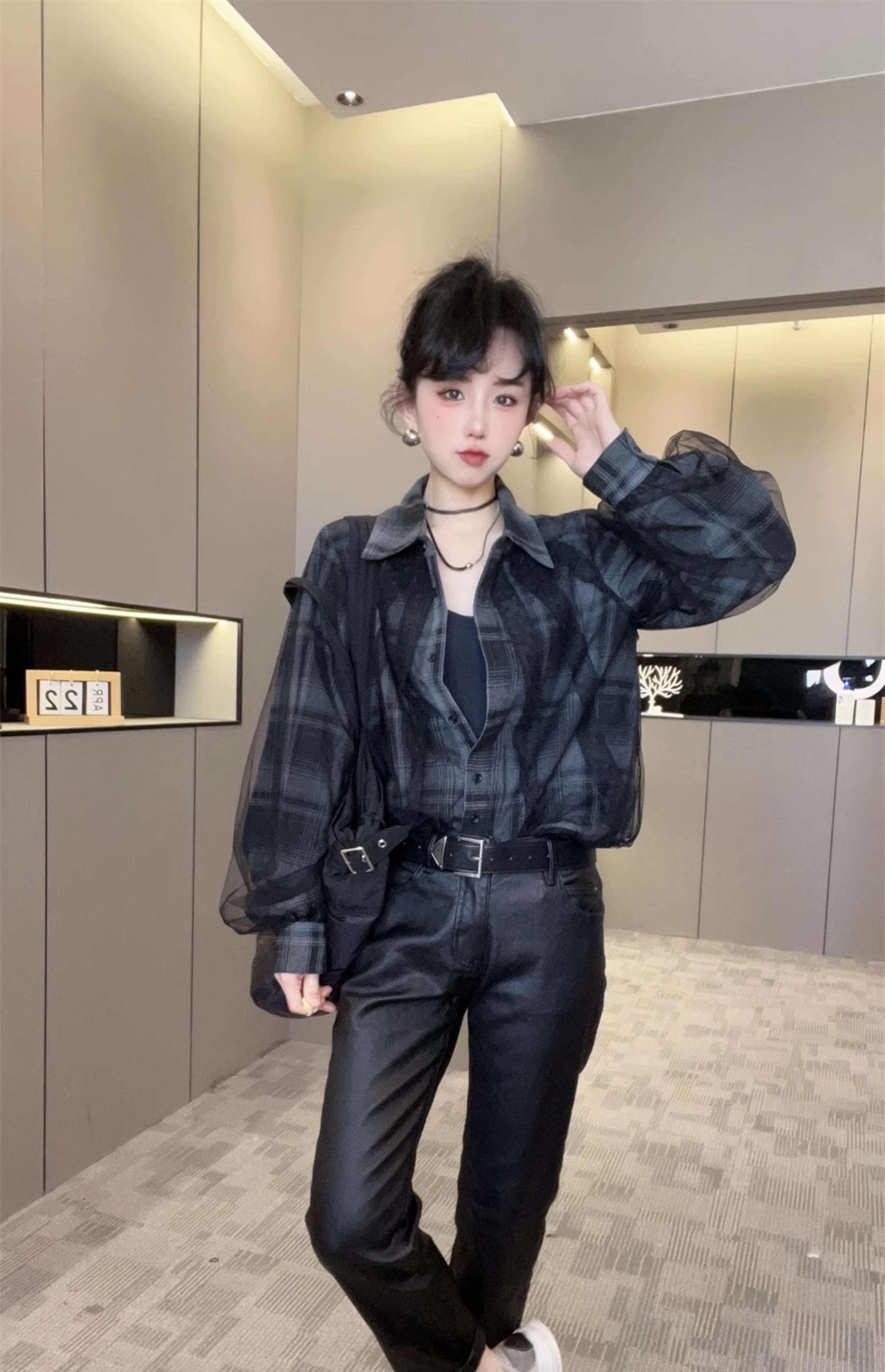 柄シャツ ゆったりシルエット格子柄シャツ