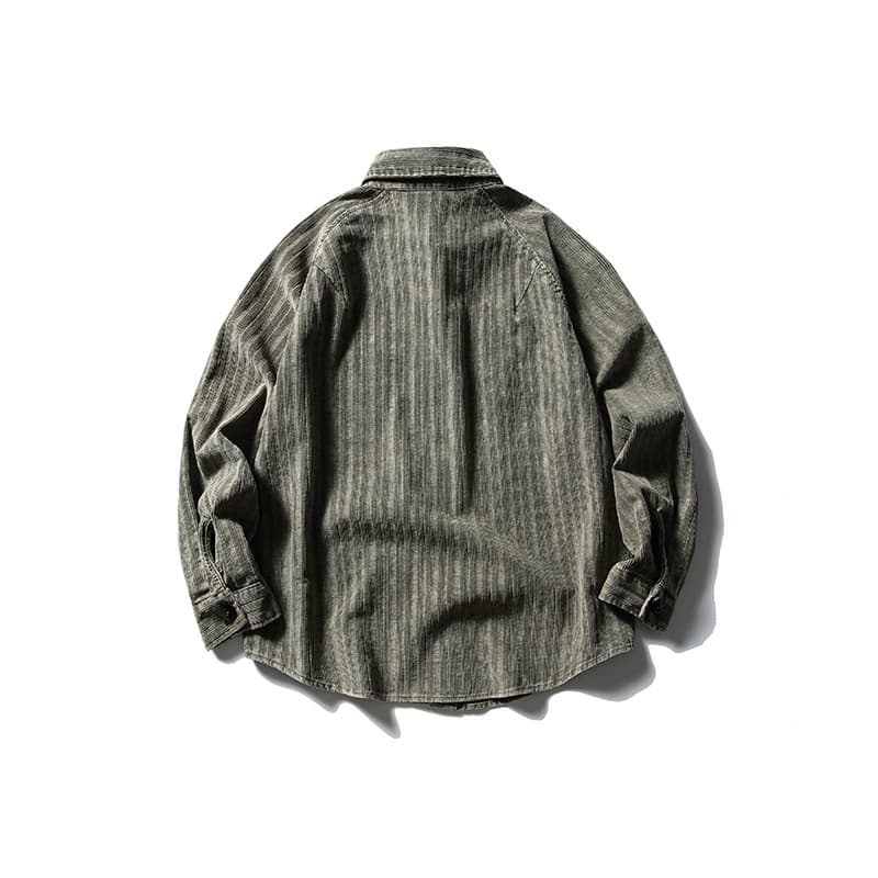 柄シャツ ストライプ織りデニムシャツ