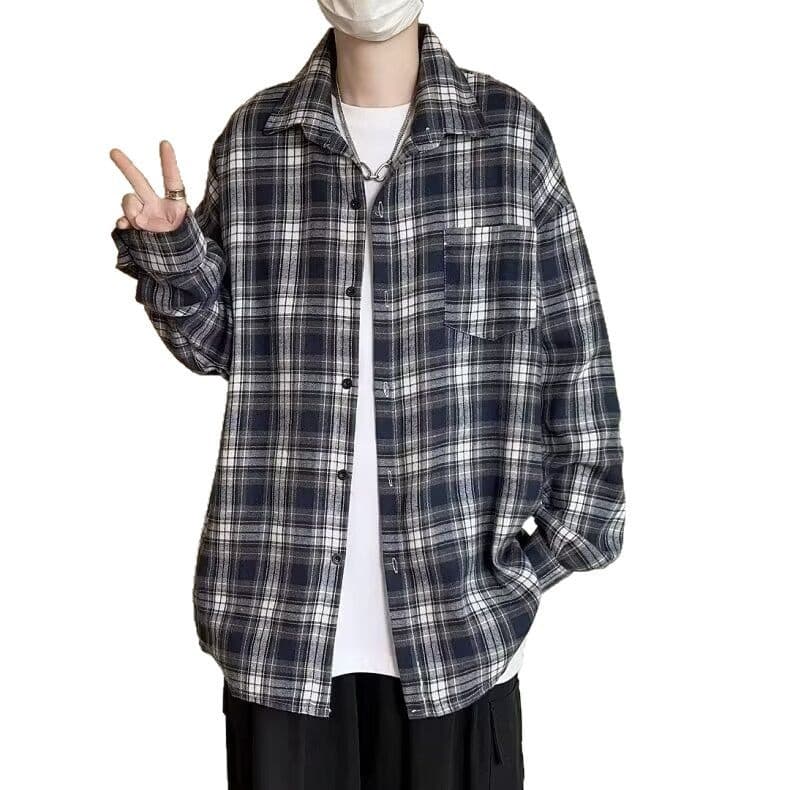 柄シャツ 格子柄ゆったりカジュアル長袖シャツ