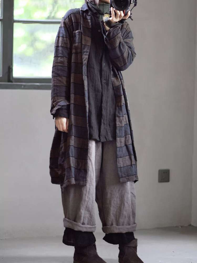柄シャツ レトロ風チェック柄ロングシャツ