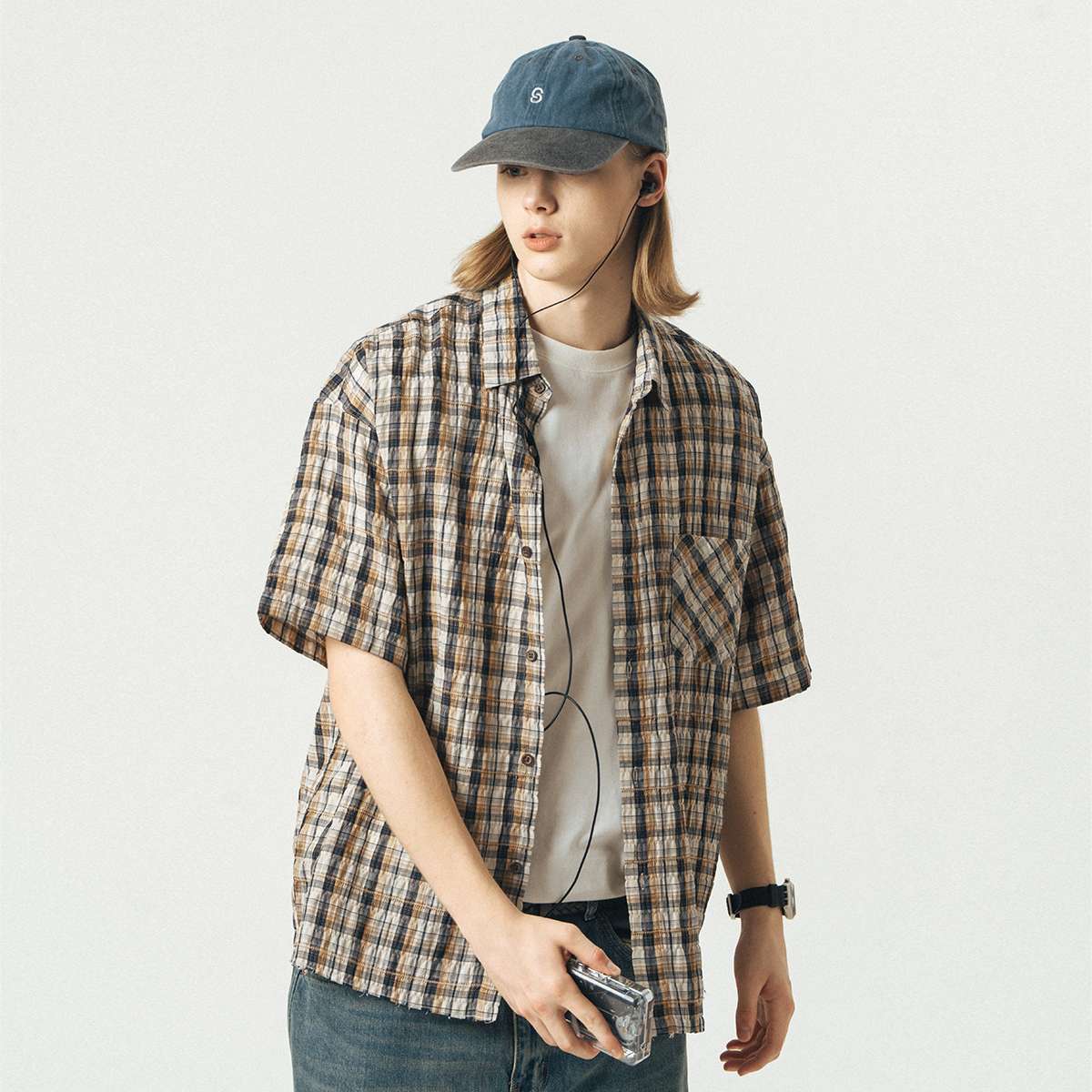 ゆったりシルエット リネン混柄シャツ