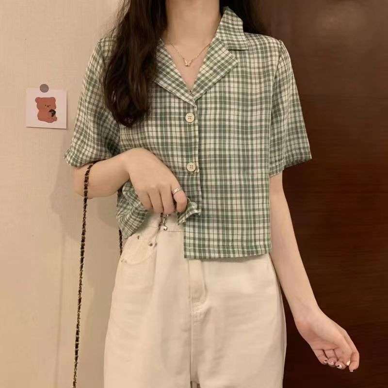 柄シャツ チェック柄ショートカラーシャツ