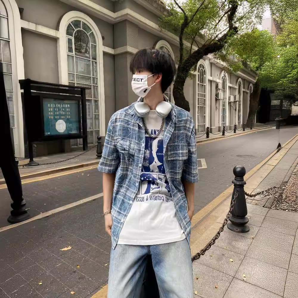 柄シャツ 格子柄リラックス半袖シャツ