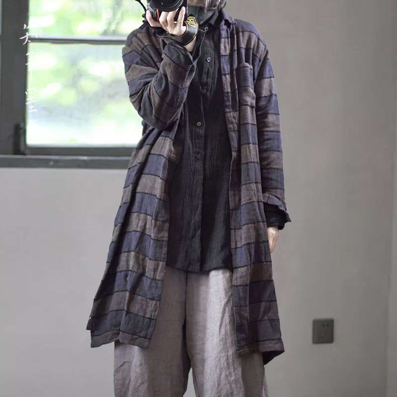 柄シャツ レトロ風チェック柄ロングシャツ
