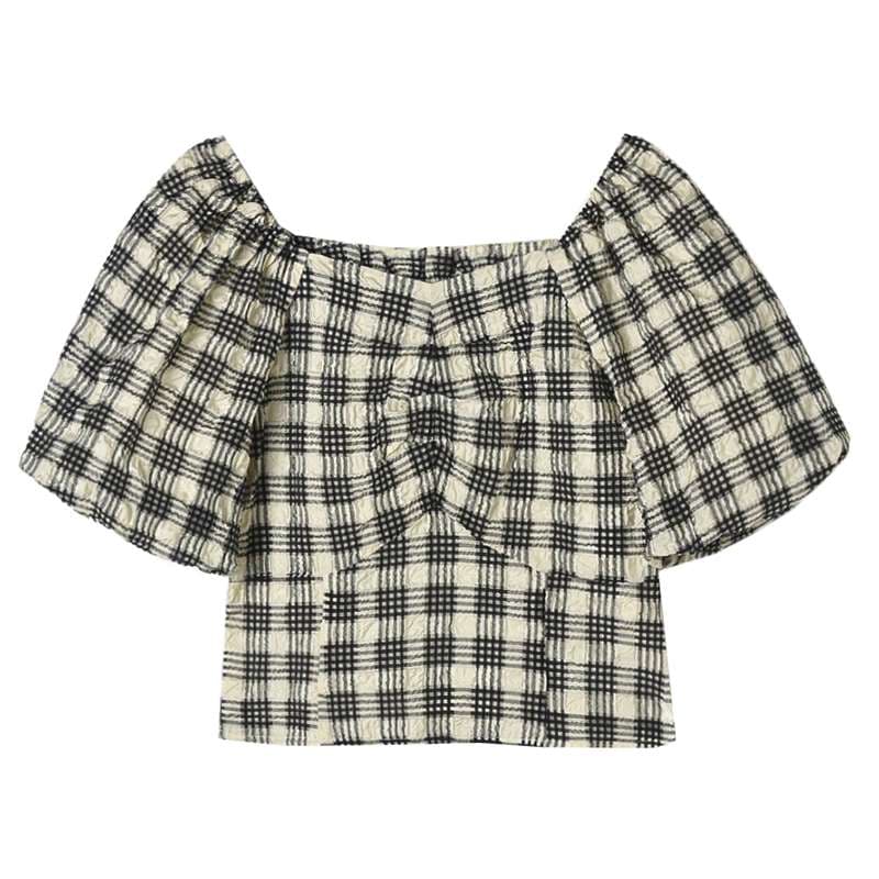 柄シャツ パフスリーブチェック柄ブラウス