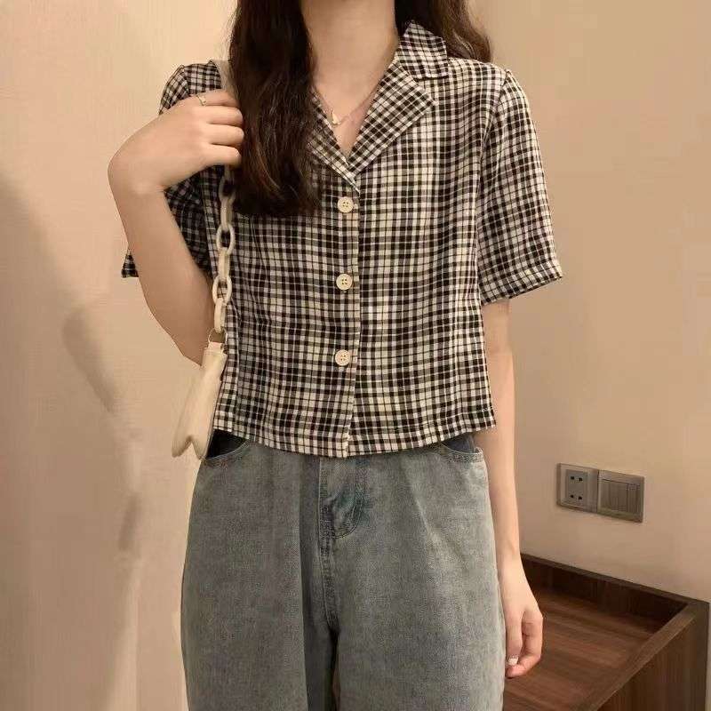 柄シャツ チェック柄ショートカラーシャツ