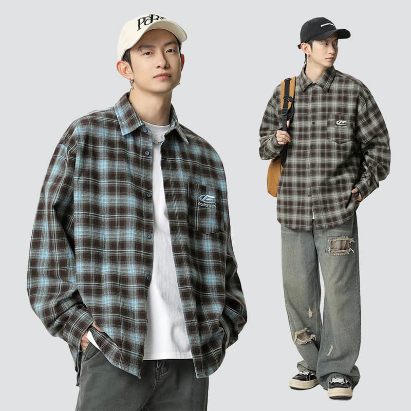 カジュアル柄シャツ ワッペンデザイン
