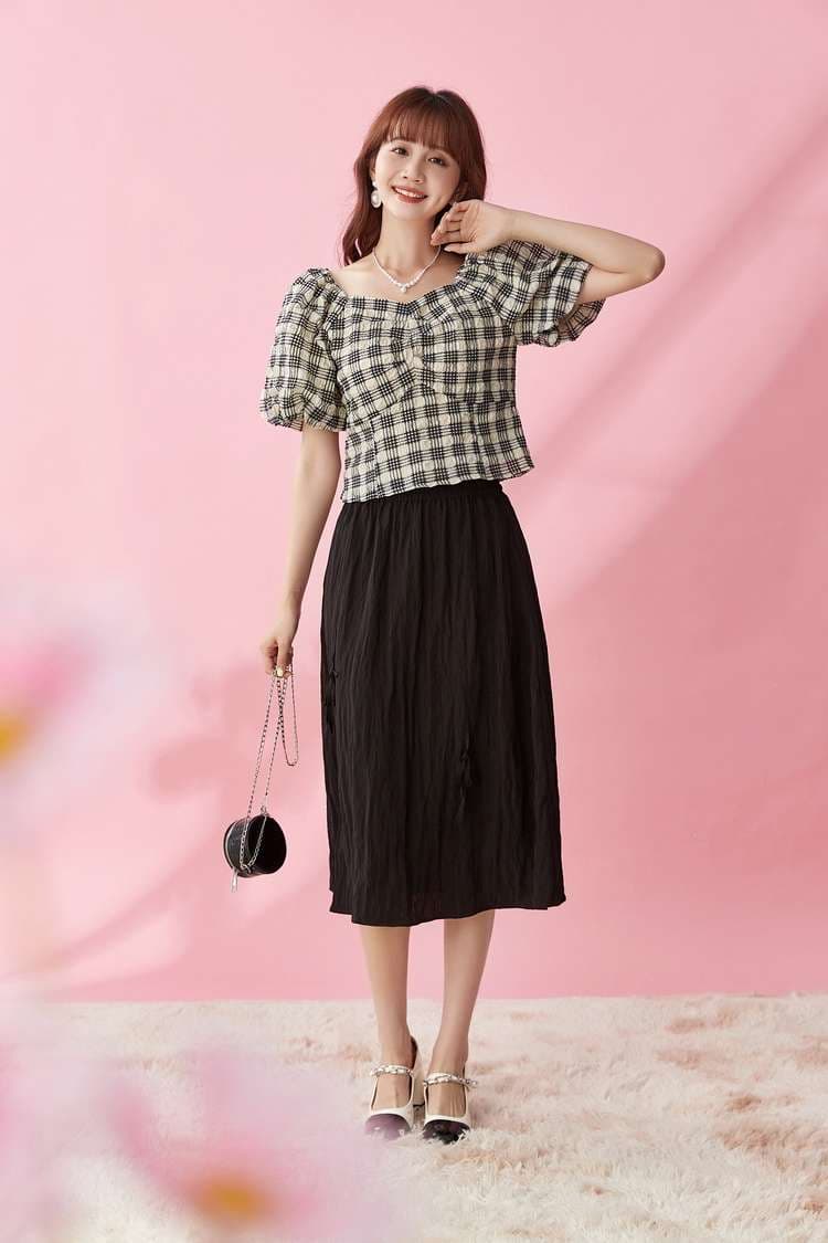 柄シャツ パフスリーブチェック柄ブラウス