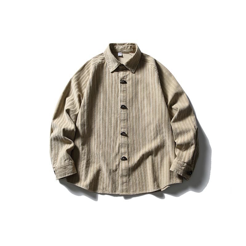 柄シャツ ストライプ織りデニムシャツ