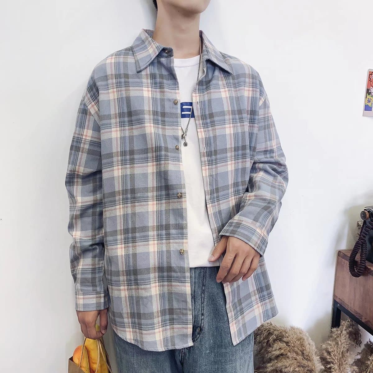 柄シャツ 格子柄ゆったり長袖シャツ