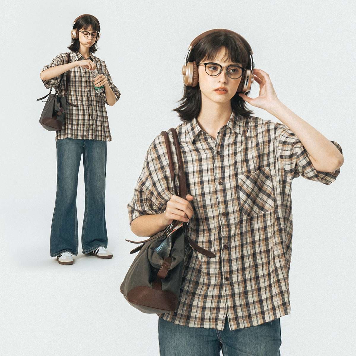 ゆったりシルエット リネン混柄シャツ