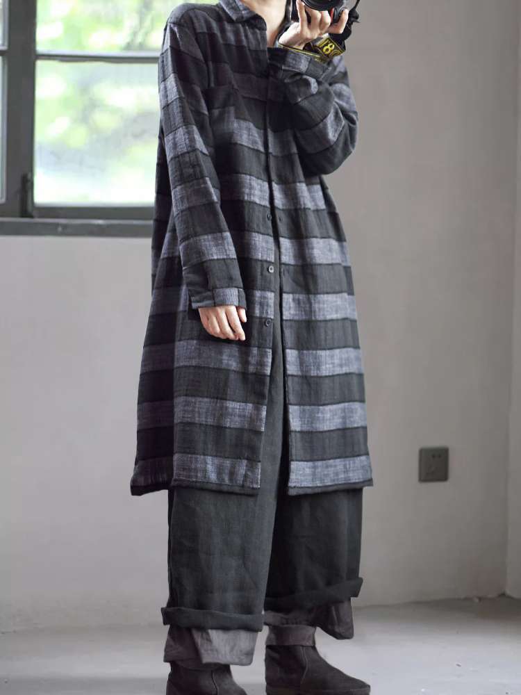 柄シャツ レトロ風チェック柄ロングシャツ