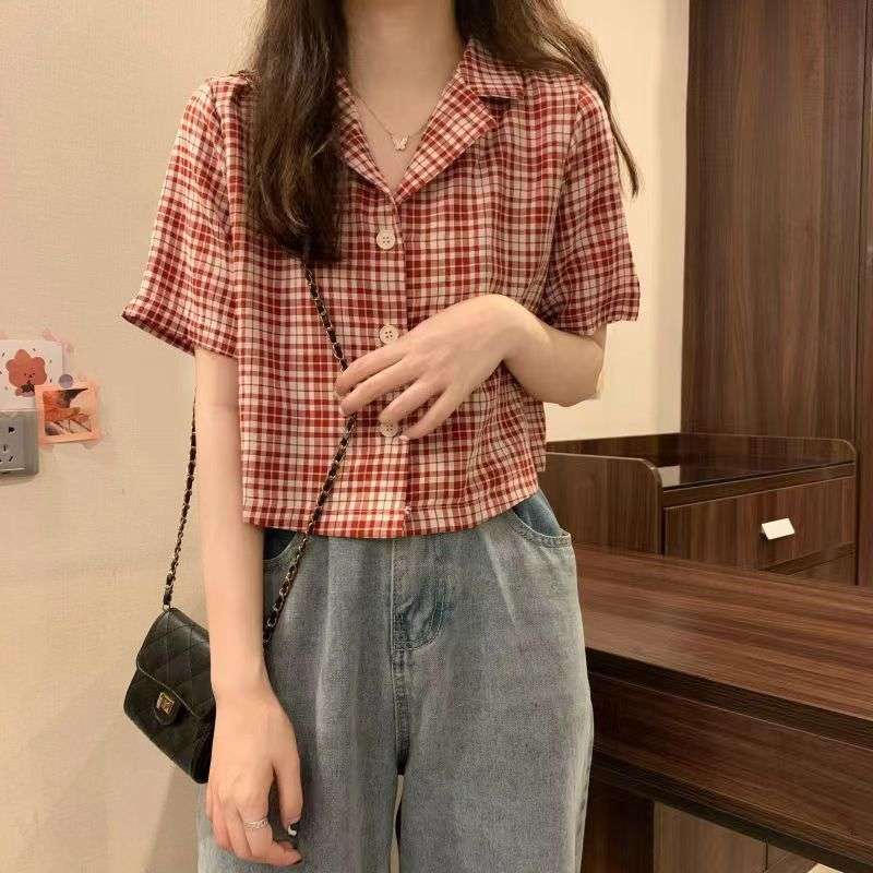 柄シャツ チェック柄ショートカラーシャツ