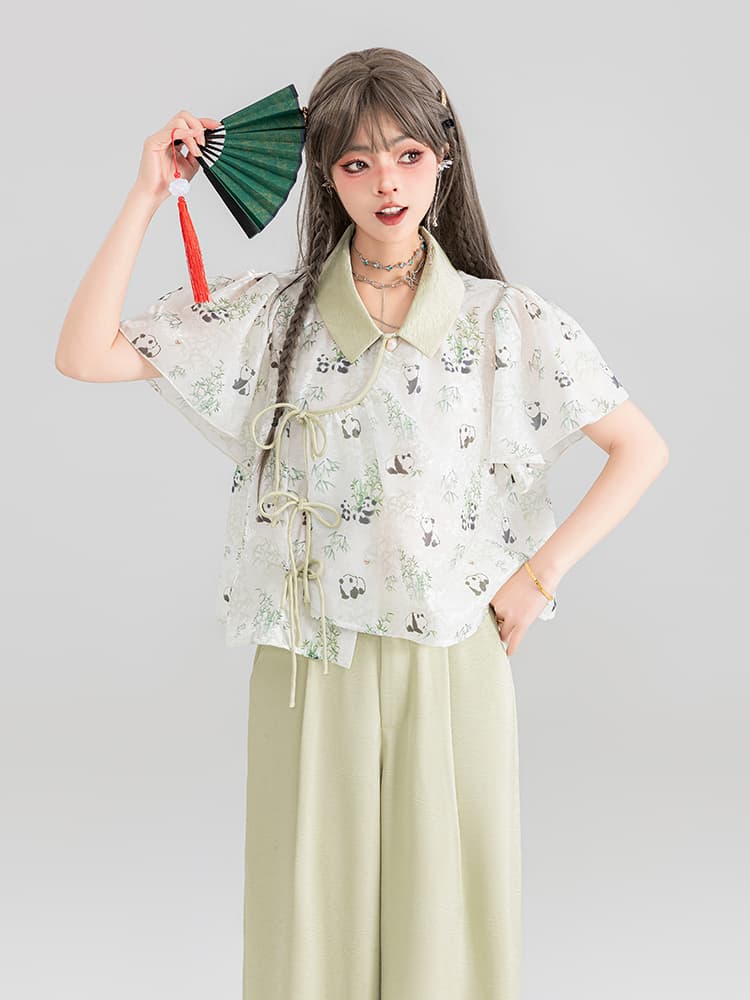 柄シャツ パンダ竹林 なごみ総柄シャツ