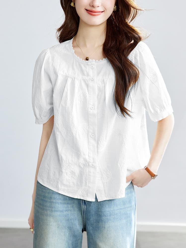 柄シャツ 優美な刺繍レースブラウス