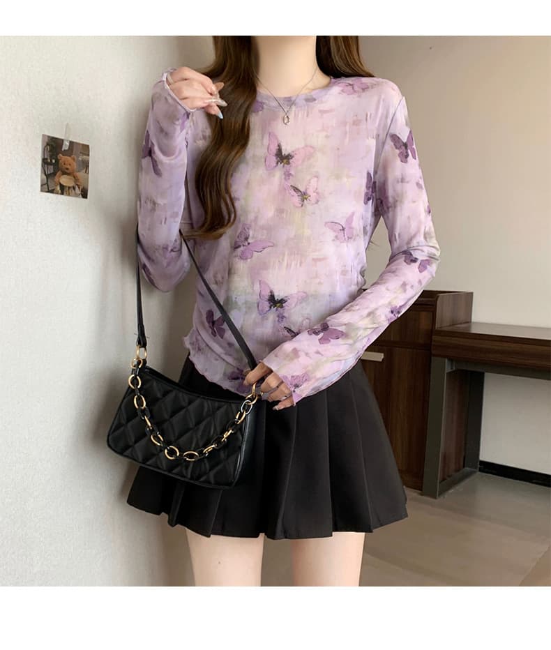 蝶々柄シアー総柄シャツ 透け感長袖薄手レディース