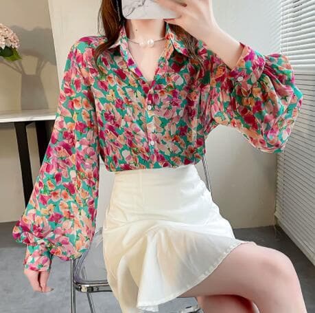 秋冬レディース総柄シャツ長袖シフォンバルーン袖花柄