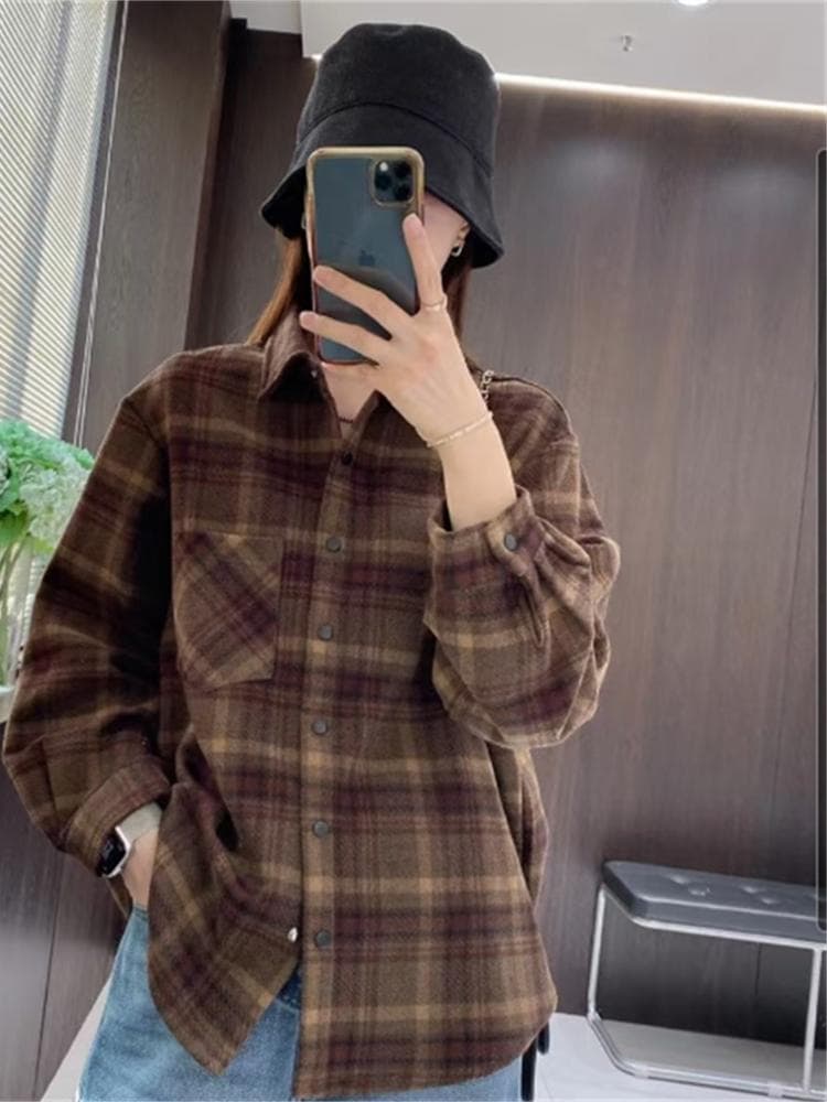 柄シャツ 柄シャツ 秋の恋人 ウール調格子模様シャツ
