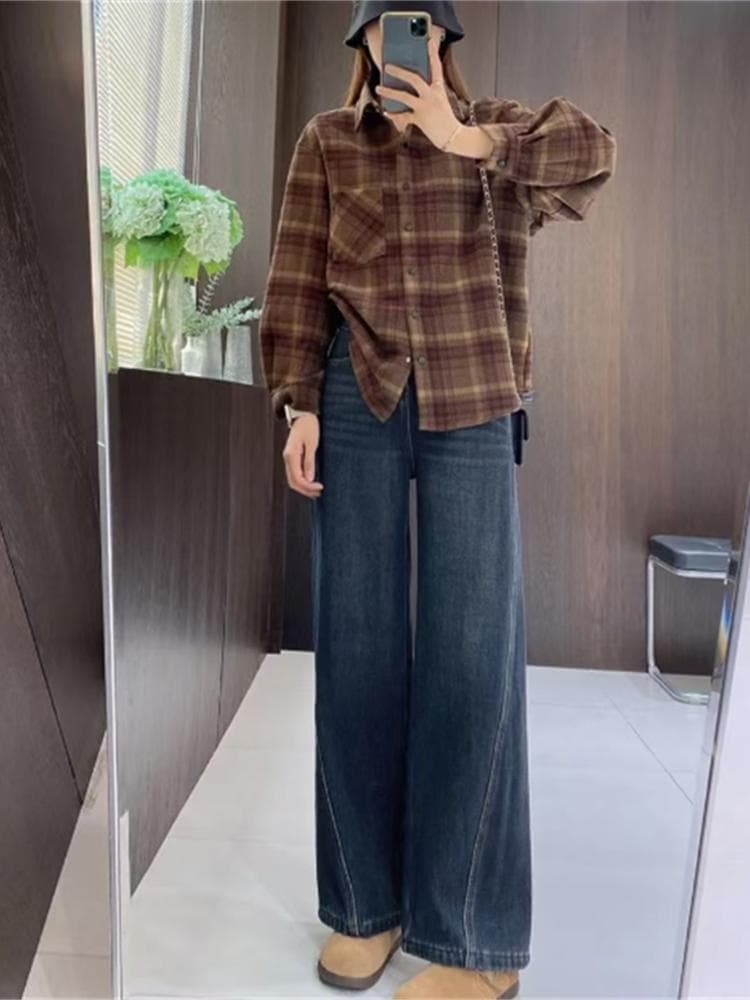 柄シャツ 柄シャツ 秋の恋人 ウール調格子模様シャツ
