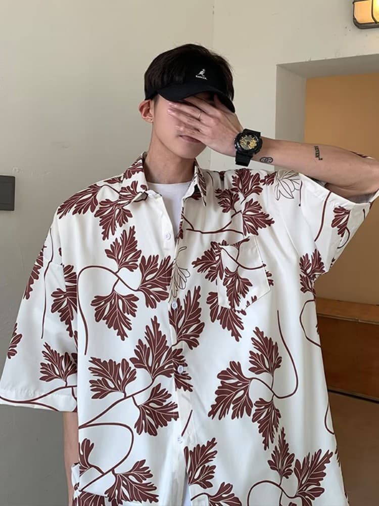 柄シャツ 葉脈デザイン風雅な半袖シャツ