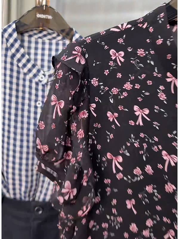 柄シャツ 優美なリボン舞う小花シャツ