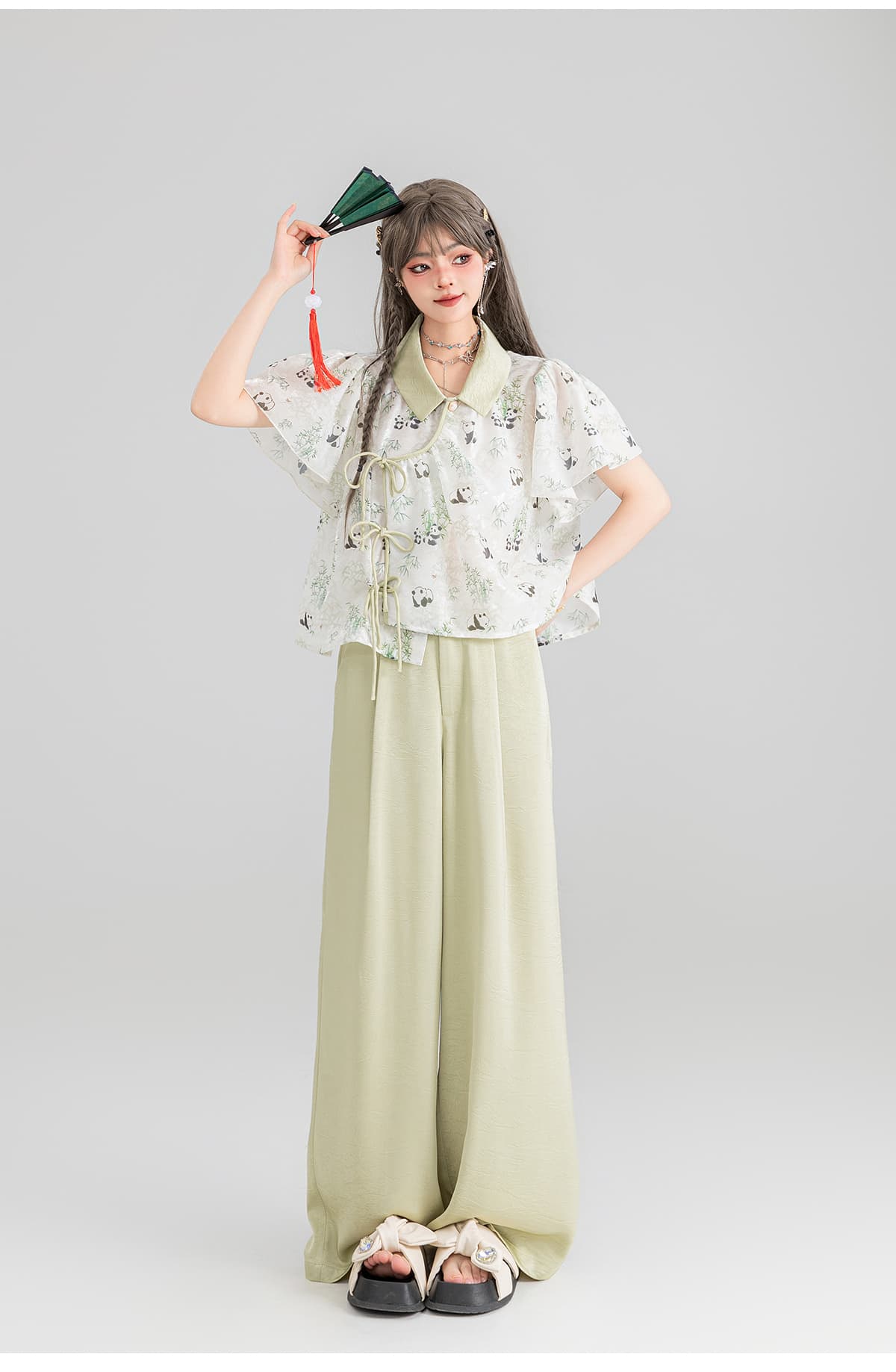柄シャツ パンダ竹林 なごみ総柄シャツ