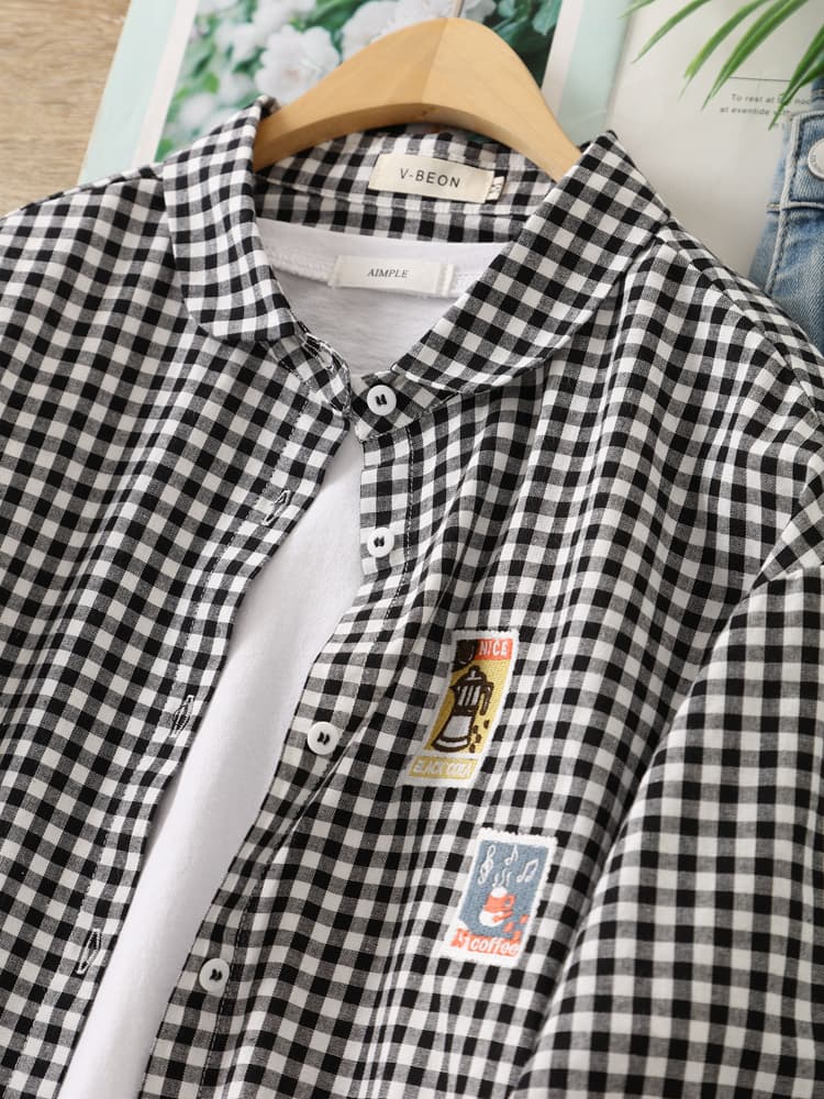 柄シャツ 柄シャツ レトロワッペン格子模様シャツ