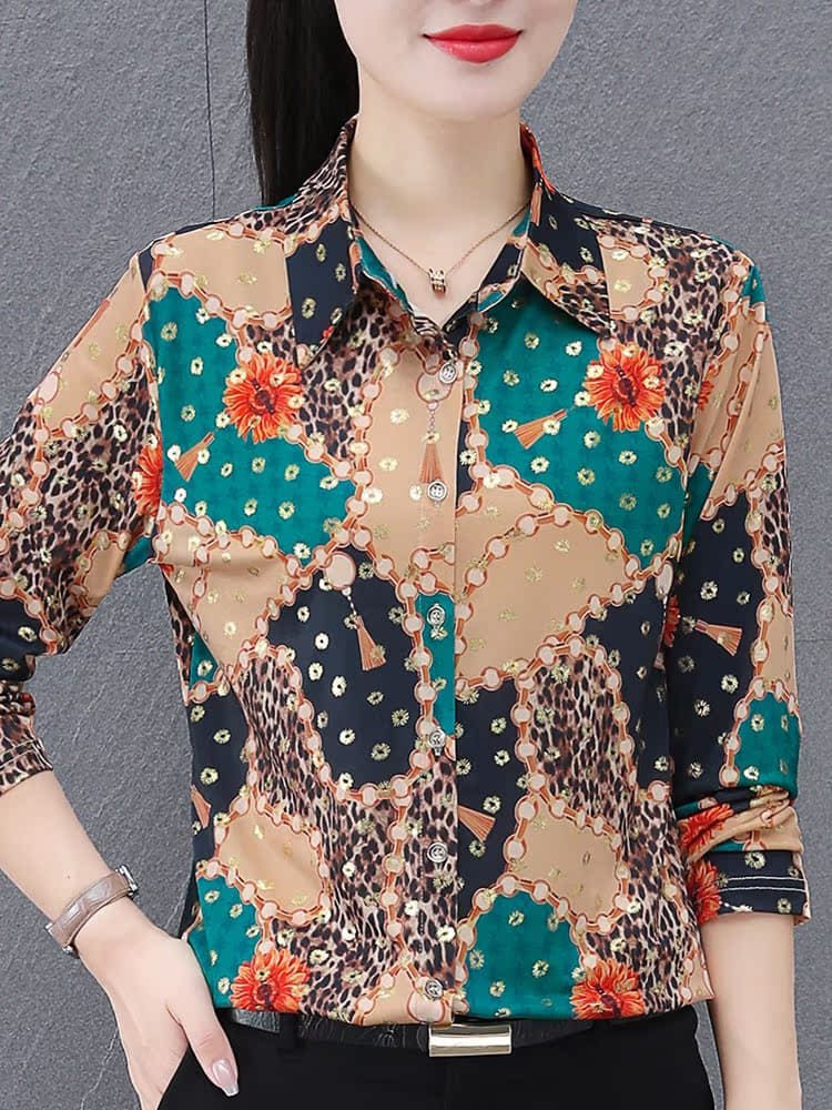 柄シャツ 柄シャツ 華やかパッチワーク向日葵ブラウス