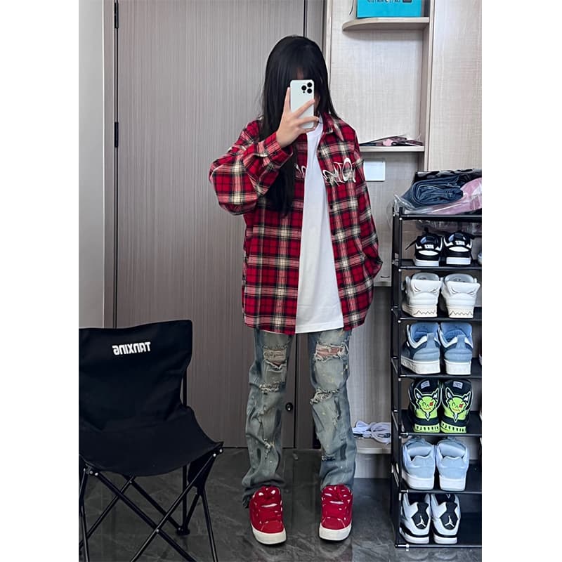 柄シャツ フロントロゴ入りオーバーサイズシャツ