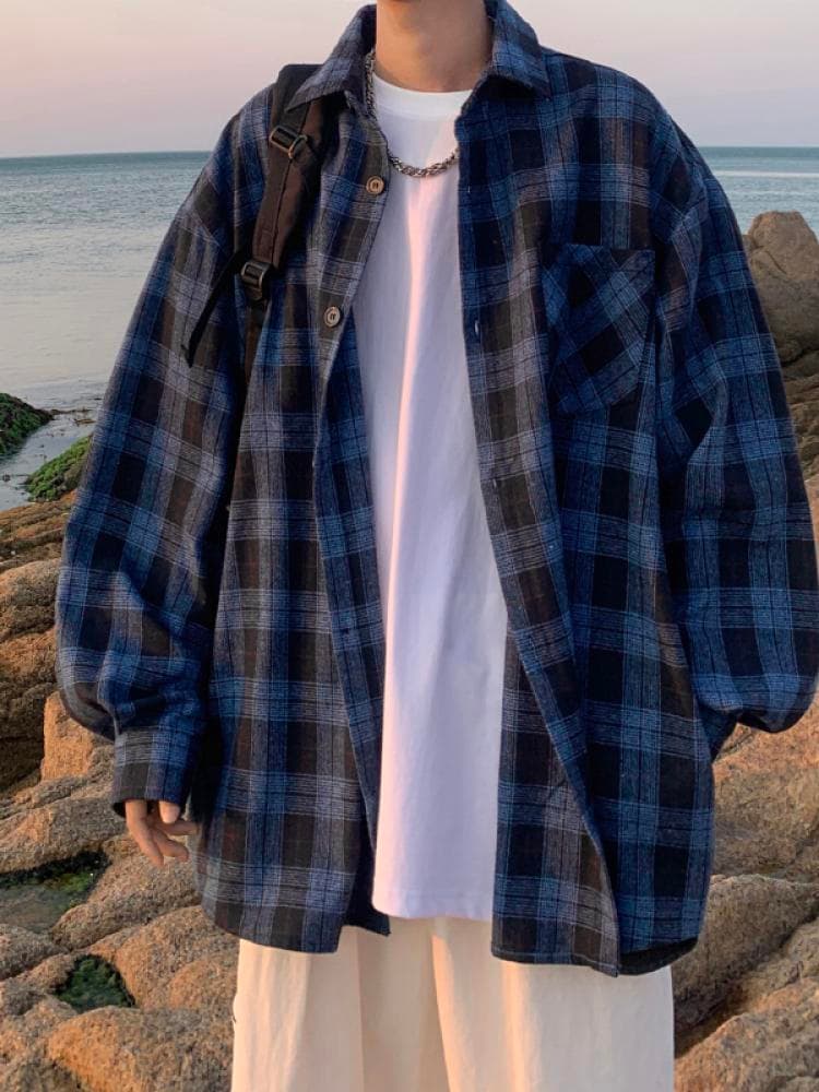 ゆったりシルエット 海辺の休日チェック柄シャツ