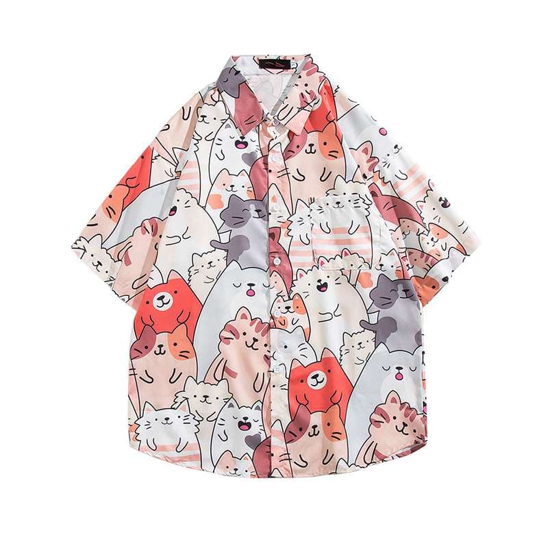 柄シャツ もこもこ猫づくし ゆるかわシャツ